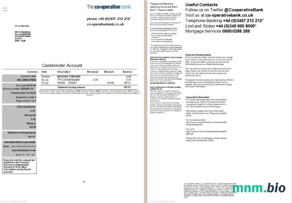 Wielka Brytania wyciąg z Banku Spółdzielczego w formacie Word i PDF